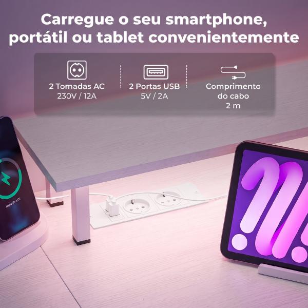 Secretária com Luzes LED, Gavetas, Tomadas, Portas USB e Suporte para Monitor, 155,5x48x88,5 cm, Branco