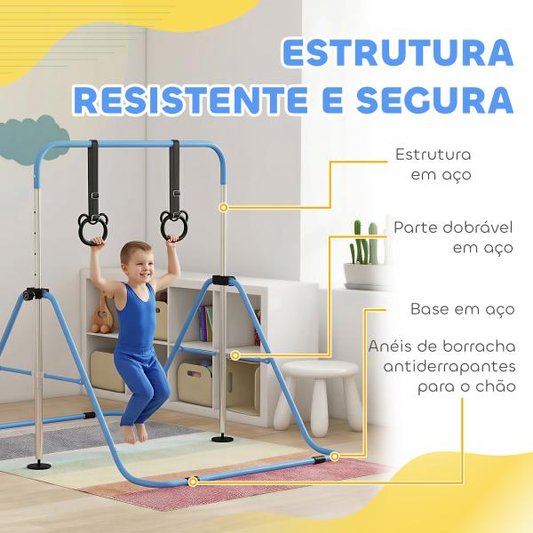 Barra de Ginástica para Crianças com Altura Ajustável em 5 Níveis Anéis e Dobrável 148x105x88 - 128 cm Azul