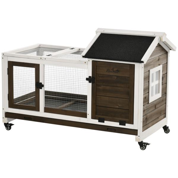 Coelheira de Madeira com Rodas para 1 - 2 Coelhos com Teto Abatível Bandeja Amovível 108x58x73,5cm Marrom Café e Branco