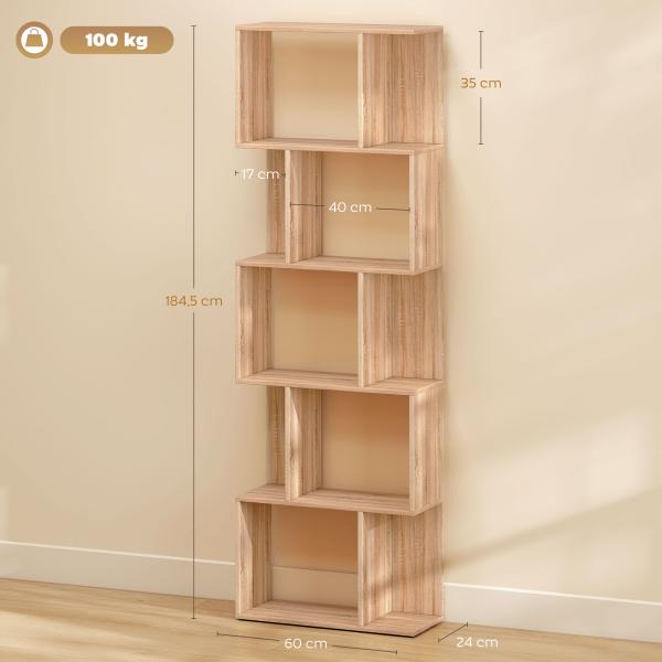 Estante para Livros Estante Alta de Parede com 5 Níveis em Forma de S Desenho Moderno 60x24x184,5 cm Madeira