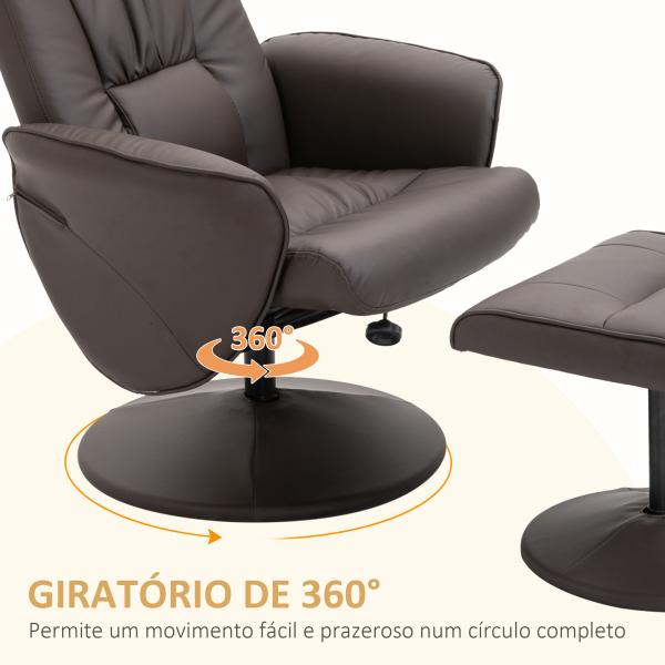 Poltrona Relax com Apoio para os Pés Estofada em PU Poltrona Relax Reclinável até 145° e Giratório 360° com Encosto Ajustável para Sala de Estar Dormitório Escritório 81x81x105cm Marrom