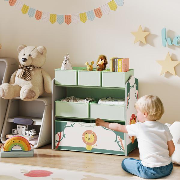 Estante Infantil para Brinquedos com 6 Caixas em Tecido Não Tecido Organizador de Brinquedos de 3 Níveis 63x30x66 cm Verde