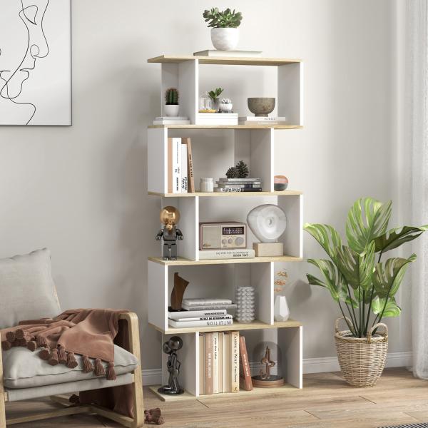 Estante para Livros Estilo Nórdico Estante com 5 Prateleiras Anti - Tombo Carga 25 kg 70x29,5x163 cm Branco e Madeira