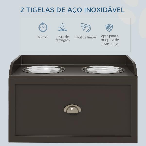 Comedouro Elevado para Cães com 2 Tigelas 2000ml de Aço Inoxidável Gaveta Oculta com Suporte de Madeira 60x30x36cm Marrom Escuro