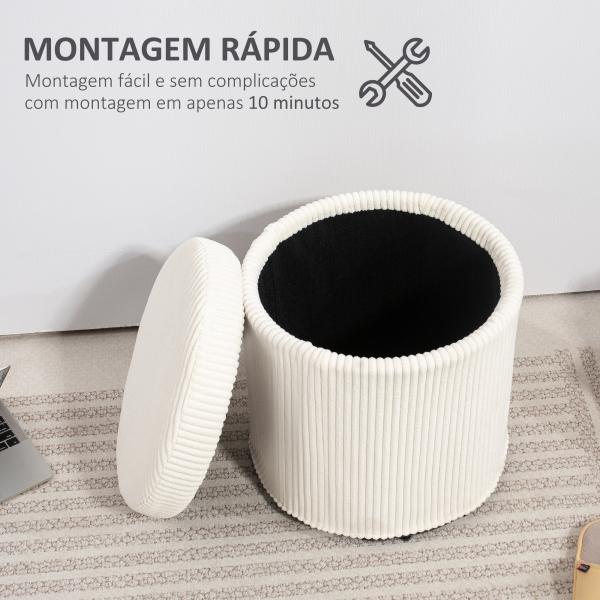 Puff de Arrumação Baú de Arrumação Redondo Estofado em Veludo Cotelê Tampa Removível Ø40x41 cm Creme