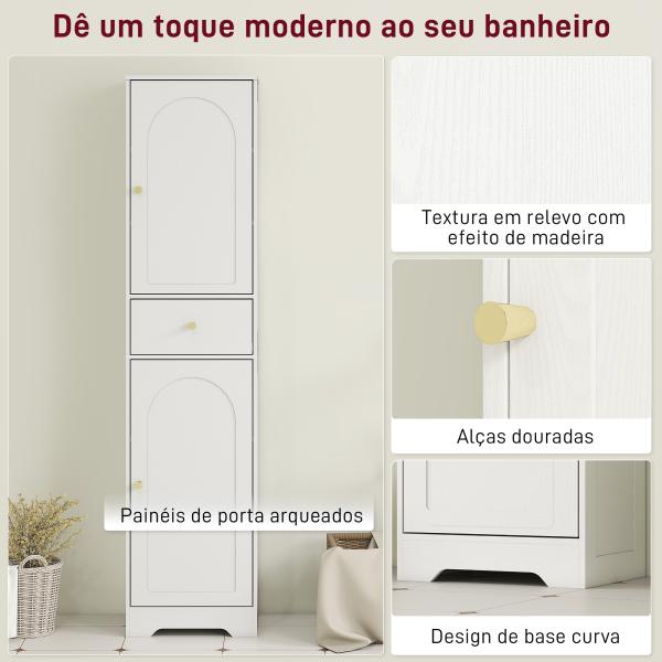 Coluna Casa de Banho com 2 Portas Arqueadas Gaveta e Prateleiras Ajustáveis Armário Alto Casa de Banho 40x29,5x170 cm Branco com Veios