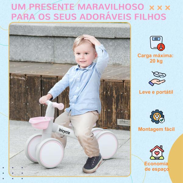 Bicicleta sem Pedais para Crianças de 12 - 36 Meses Bicicleta de Equilíbrio com Assento Ajustável 56x27x39 cm Rosa