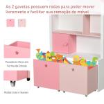 Estante de Madeira Infantil Estante de Livros para Crianças com 4 Compartimentos 1 Porta e 2 Gavetas Removíveis com Rodas para Livros Brinquedos 80x34x130cm Rosa e Branco