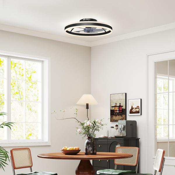 Ventoinha de Teto com Luz LED 6 Velocidades Motor Reversível e Comando Remoto Potência 45W Ø50x13,5 cm Preto