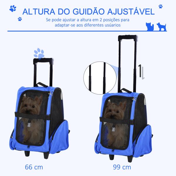 Transportadora 2 em 1 para Animais de Estimação Mochila ou Carrinho de Viagem para Cães e Gatos com 2 Rodas Alça Retrátil de Alumínio e Bolso de Armazenamento 42x25x55cm Azul