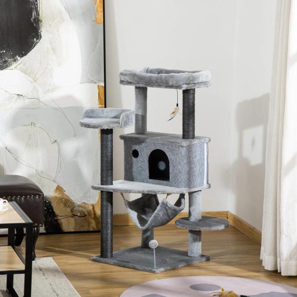 Árvore Arranhadora para Gatos 48x48x107cm com Caverna de Feltro Desmontável Rede Camas de Felpa Múltiplas Plataformas Poste Arranhador de Sisal e Brinquedos Cinza