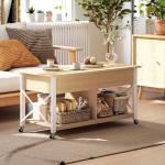 Mesa de Centro Elevatória com Rodas Compartimento Oculto e Prateleiras Abertas 105x50x67 cm Madeira e Branco