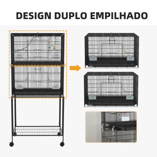 Gaiola Dupla e Empilhável para Pássaros 77x46x164 cm com Rodas Poleiros Bandeja Amovível Comedouros Baloiço e Escada Preto