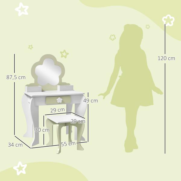 Toucador Crianças com Espelho e Banco Toucador de Maquilhagem para Crianças de 3 - 6 Anos 55x34x87,5 cm Branco e Verde Pastel