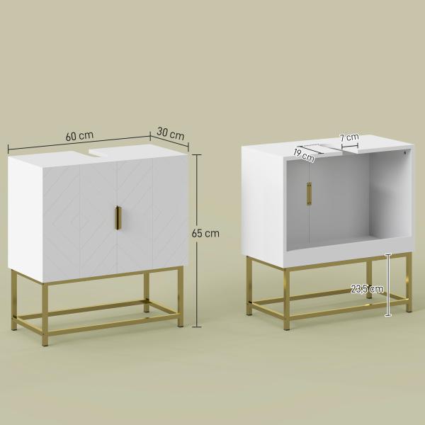 Móvel para Lavatório Pousar Moderno com 2 Portas e Pés de Aço 60x30x65 cm Branco e Dourado