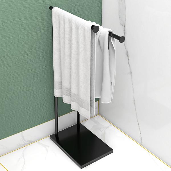 Toalheiro de Pé de 2 Níveis Toalheiro Casa de Banho com Estrutura de Metal Toalheiro em Forma de L 35,5x20x78 cm Preto