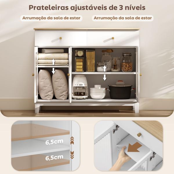 Aparador Branco 3 Portas de Vidro Aparador Sala de Estar Moderno com 2 Gavetas e Prateleiras Ajustáveis 100x35x80,3 cm