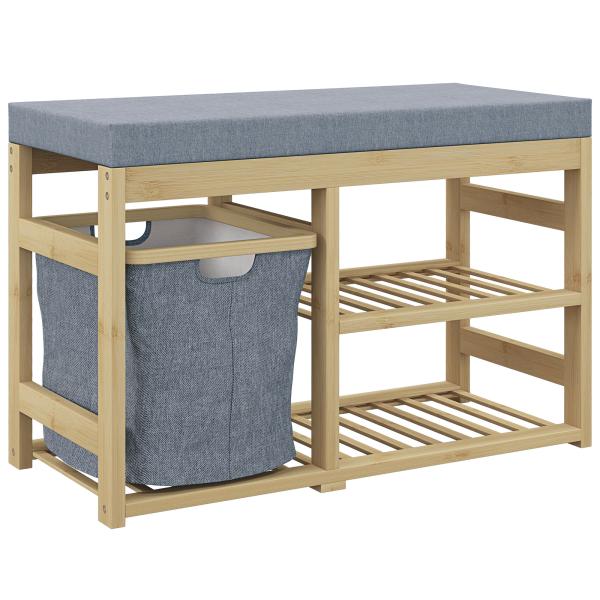 Banco para Sapatos de Bambu Móvel Sapateira com Assento Cesta Amovível e Prateleiras Abertas para 4 Pares de Sapatos 69x30x45 cm Madeira