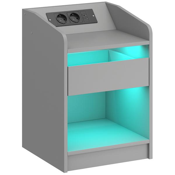 Mesa de Cabeceira com Luzes LED Gaveta Prateleira Estação de Carregamento Entrada USB e Controlo Remoto 40x40x58 cm Cinzento