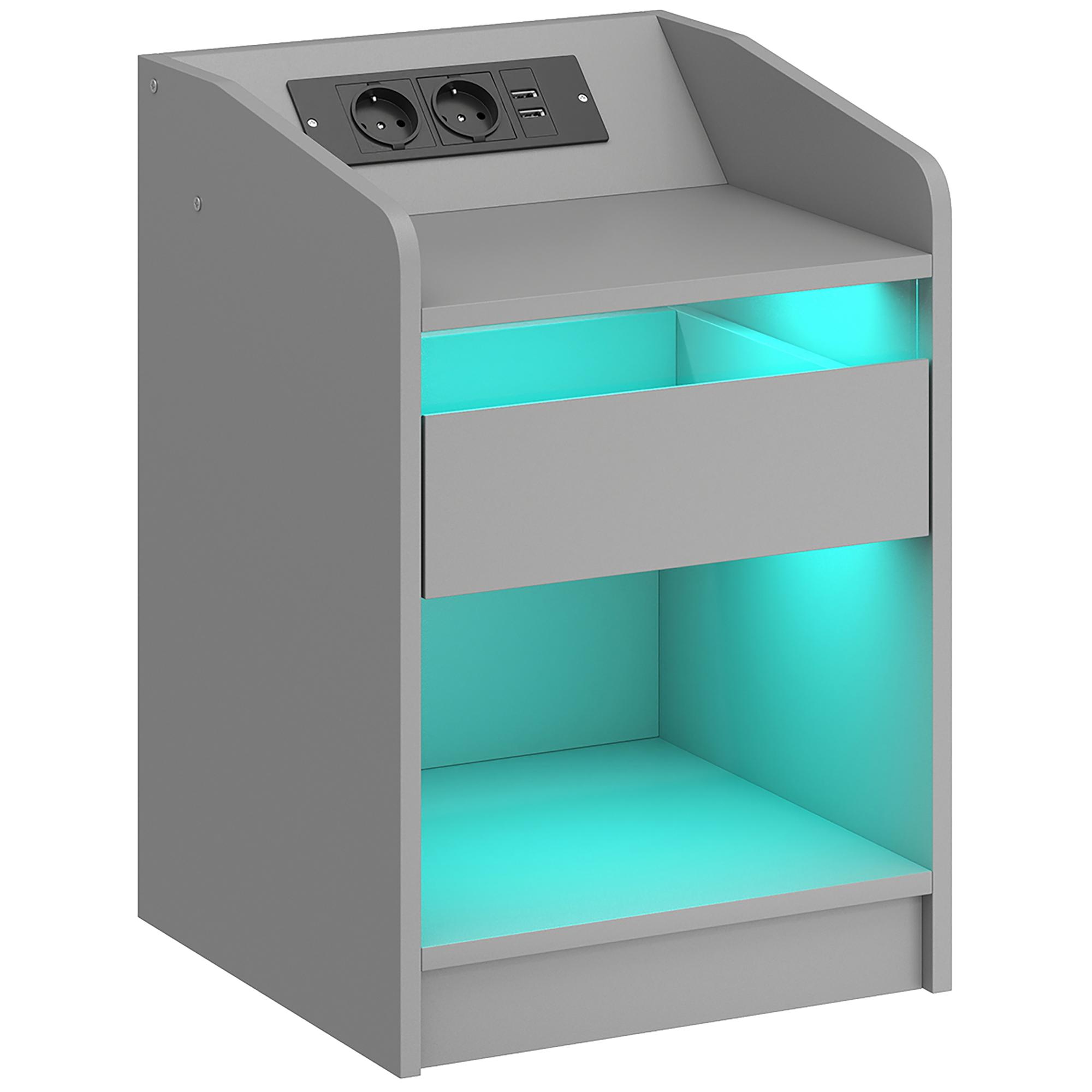 Mesa de Cabeceira com Luzes LED Gaveta Prateleira Estação de Carregamento Entrada USB e Controlo Remoto 40x40x58 cm Cinzento