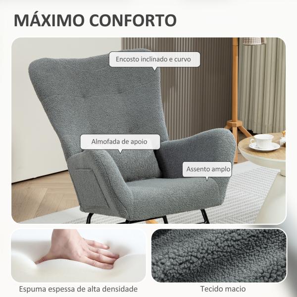 Poltrona Baloiço em Borrego Poltrona para Amamentação com Encosto Acolchoado Almofada e Base de Madeira de Borracha 67x82x100 cm Cinza