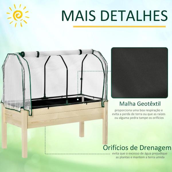 Horta Vertical Elevada de Madeira 121x55x117cm com Cobertura de Proteção Mesa de Jardinagem para Cultivo de Flores Vegetais e, Jardim Terraço Madeira Natural