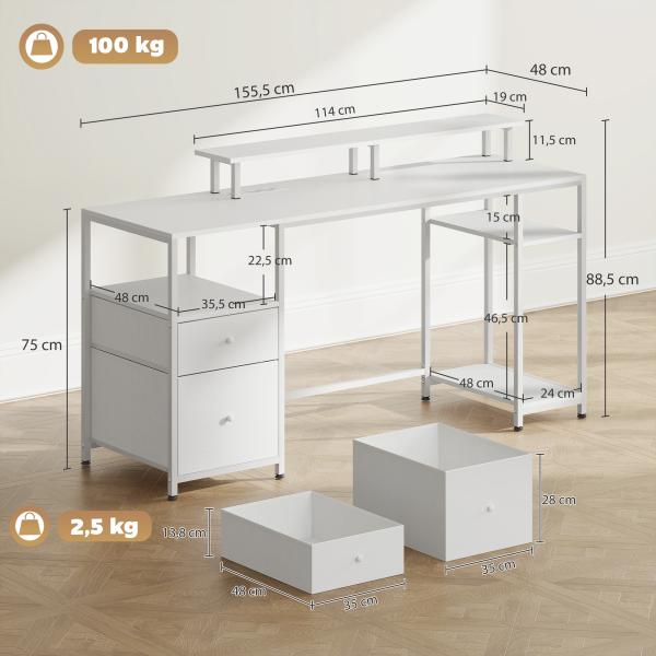 Secretária com Luzes LED, Gavetas, Tomadas, Portas USB e Suporte para Monitor, 155,5x48x88,5 cm, Branco