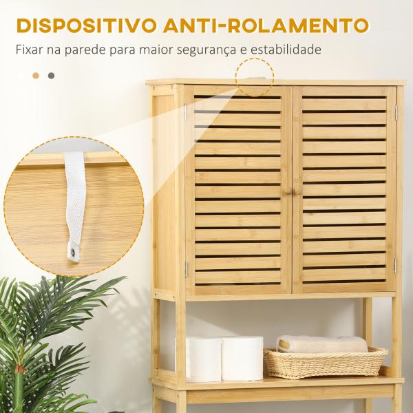 kleanklin Móvel de Bambú sobre Sanita Armário Alto para Casa de Banho com 2 Portas 1 Prateleira Interior e 1 Prateleira de Armazenamento 60x23x173cm Natural