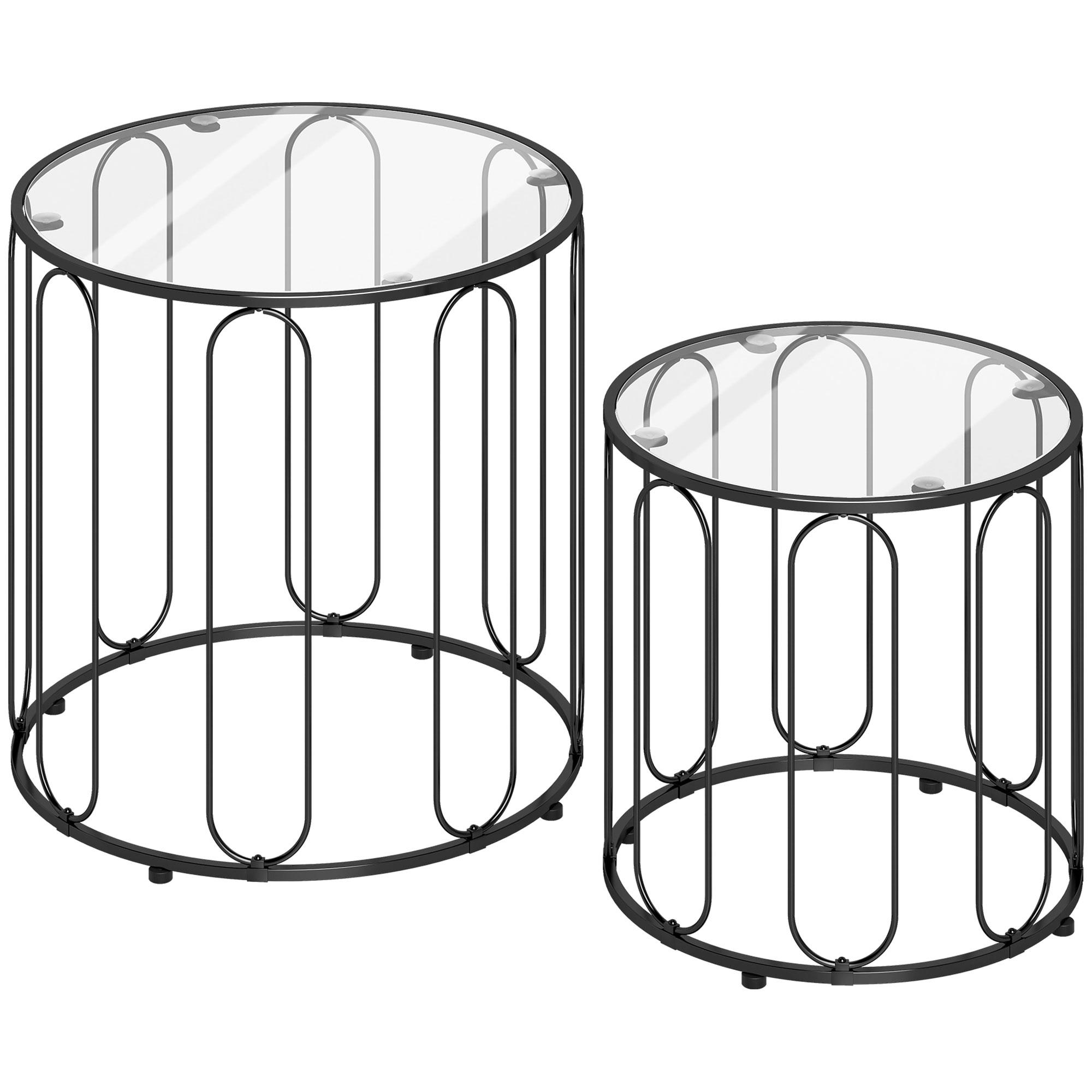 Conjunto de 2 Mesas de Apoio Tipo Ninho com Estrutura em Metal e Tampo de Vidro Ø50x50 cm e Ø40x40 cm Preto