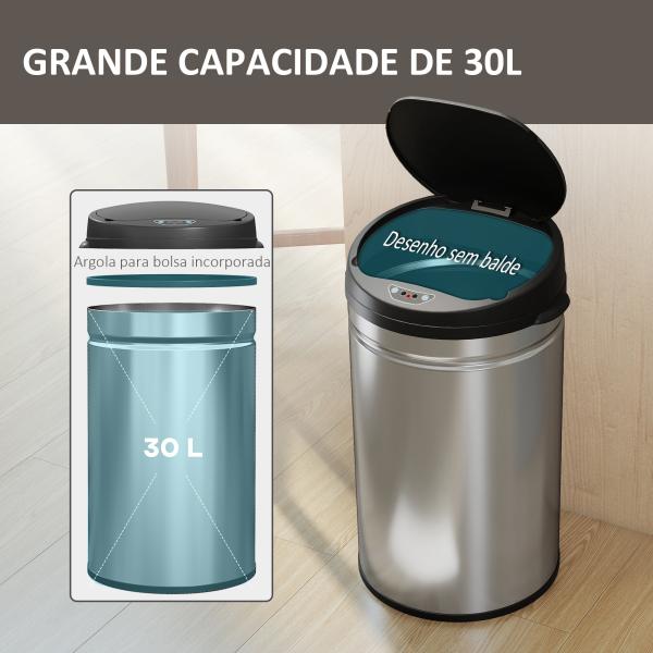 Balde de Lixo de Cozinha Automático 30 L em Aço Inoxidável Sensor Infravermelhos Fecho Automático 32x30,5x51 cm Prata