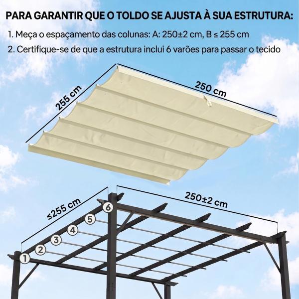 Cobertura para Pérgola 2,5x2,55cm Teto de Substituição Retrátil para Pérgola com 10 Orifícios de Drenagem Creme