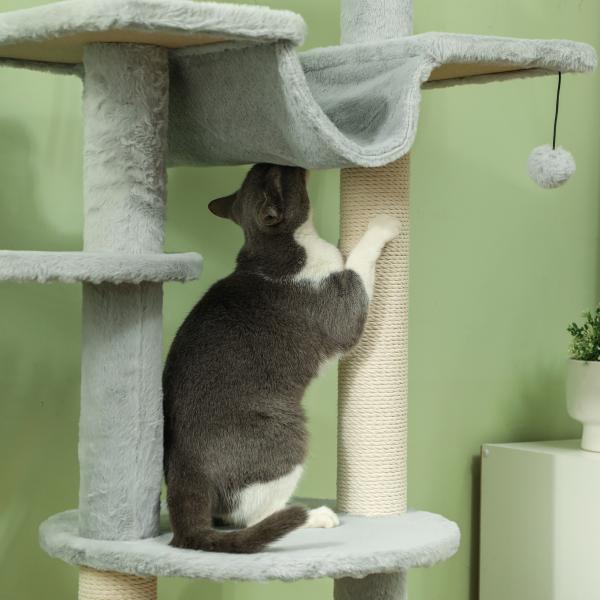 Arranhador para Gatos do Chão ao Teto 225 - 255 cm com 7 Níveis Rede Plataformas Postes de Arranhar Cinza