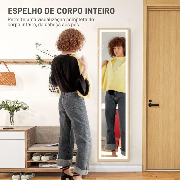 Espelho de Pé com Luz LED 40x160 cm Espelho de Corpo Inteiro com Iluminação de 3 Cores Tátil Função de Memória Madeira