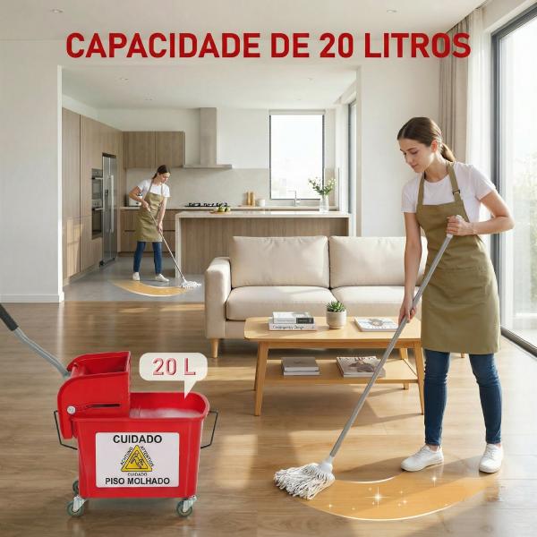 Balde de Limpeza com Escorredor Painel Separador e Rodas Capacidade de 20L para Limpezas Domésticas 45x26,5x70 cm Vermelho