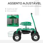 Banco de Jardim com Rodas Banco Giratório e Ajustável em Altura Bandeja para Ferramentas Cesta para Exterior Verde