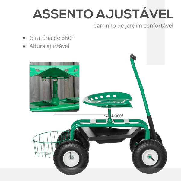 Banco de Jardim com Rodas Banco Giratório e Ajustável em Altura Bandeja para Ferramentas Cesta para Exterior Verde