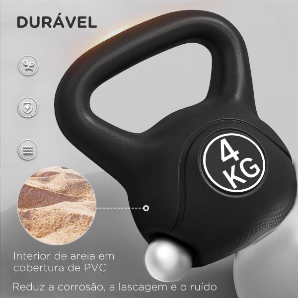 Peso Russo de 4 kg Kettlebell Fitness Preenchido de Areia com Punho Largo Antiderrapante 18x12x20 cm Preto
