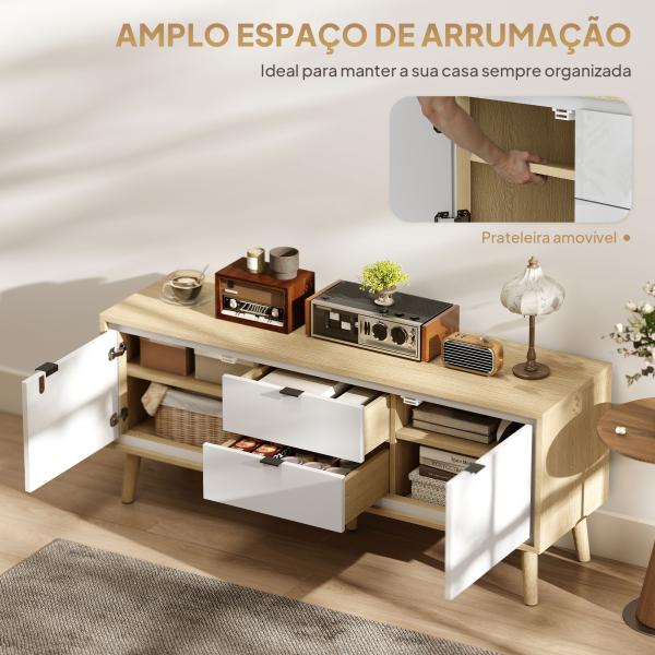 Móvel de TV Moderno para Sala com 2 Gavetas para Televisão 55 Polegadas 120x35x50 cm Branco Brilhante e Carvalho