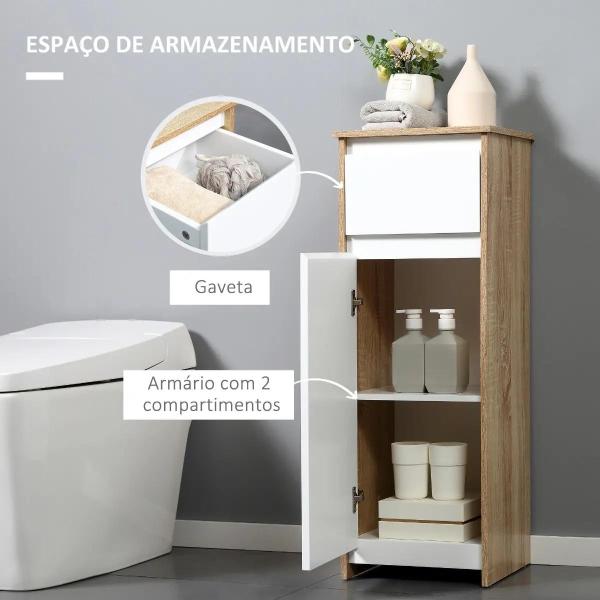 Armário Casa de Banho Baixo Armário de Madeira com Gavetas e 2 Prateleiras para Sala de Estar Dormitório Cozinha 32,6x30x90cm Natural e Branco