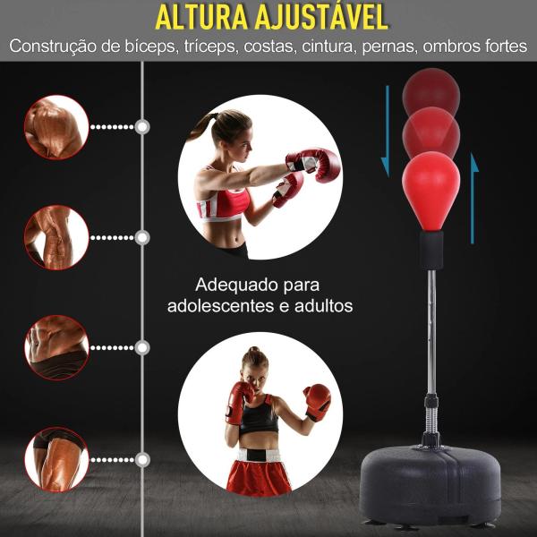 Punching Ball Ajustável em Altura com Base Recarregável Punching Ball de Boxe com Suporte e Luvas Ø48x136 - 154 cm Vermelho