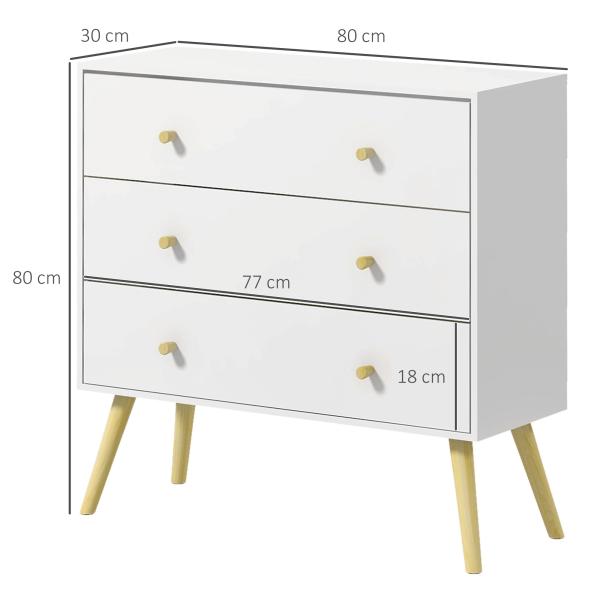 Cómoda com 3 Gavetas com Pés de Madeira de Pinho para Sala de Estar Escritório 80x30x80 cm Branco e Madeira