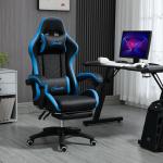 Cadeira Gaming Cadeira Gamer de Pele PU Reclinável 135° Apoio para a Cabeça e Apoio para os Pés 65x65x121 - 129 cm Preto e Azul