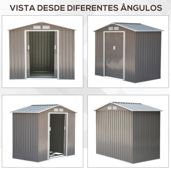 Abrigo de Jardim 213x130x185cm Abrigo de Jardim Metálico de Exterior com 2 Portas Deslizantes e 4 Janelas Cinza Claro