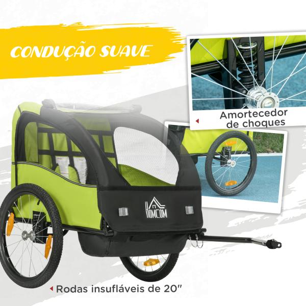 Reboque de Bicicleta para Crianças de 2 Lugares com Cinto de Segurança e Sistema de Amortecimento 140x88x90 cm Verde