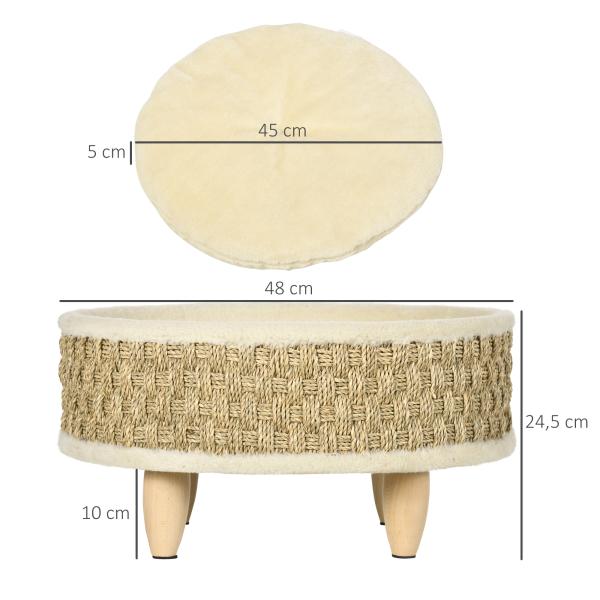 Cama Elevada para Gatos Cama para Cães Miniatura com Almofada Lavável Corda de Seagrass Estrutura de Madeira Ø48x24,5 cm Bege
