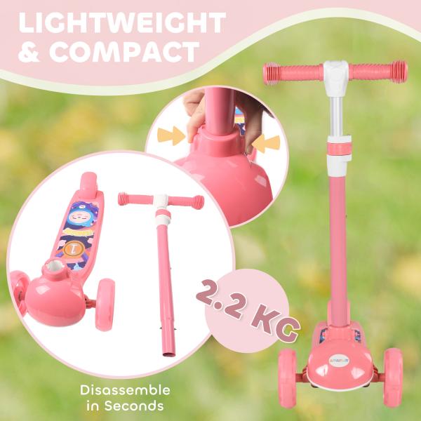 Trotinete para Crianças Trotinete com 3 Rodas LED Altura Ajustável Carga 25 kg 52x29x63 - 76 cm Rosa