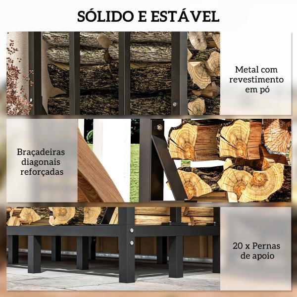 Suporte para Lenha com Cobertura Estante para Lenha de Metal com Estrutura Reforçada e Anéis de Bloqueio 143x70x145 cm Preto