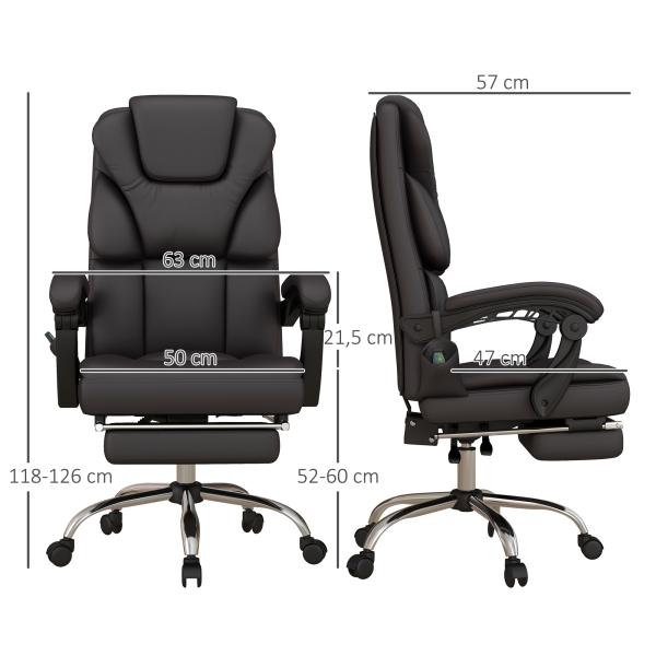 Cadeira de Escritório com 6 Pontos de Massagem Reclinável de PU com Controlo Remoto e Altura Ajustável 63x57x118 - 126 cm