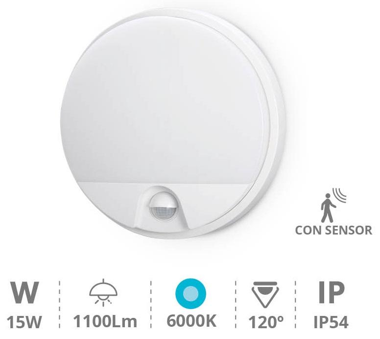 Candeeiro Interior/Exterior Redondo LED 15W 6000K 1300Lm c/ Sensor Movimento PIR (IP54) - GSC