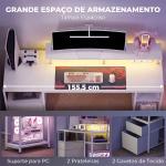 Secretária com Luzes LED, Gavetas, Tomadas, Portas USB e Suporte para Monitor, 155,5x48x88,5 cm, Branco